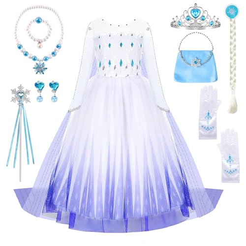 YYDSXK Prinzessin Kleid Mädchen, Elsa Kostüm Mädchen Kinder Kleid mit Kronen Zauberstab Halsketten Set, Frozen Prinzessin Kostüm Lang Kleid für Weihnachten Halloween Karneval Cosplay Geburtstag Party von YYDSXK