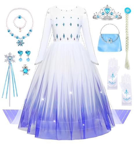 YYDSXK Prinzessin Kleid Mädchen, Elsa Kostüm Mädchen Kinder Kleid mit Kronen Zauberstab Halsketten Set, Frozen Prinzessin Kostüm Lang Kleid für Weihnachten Halloween Karneval Cosplay Geburtstag Party von YYDSXK