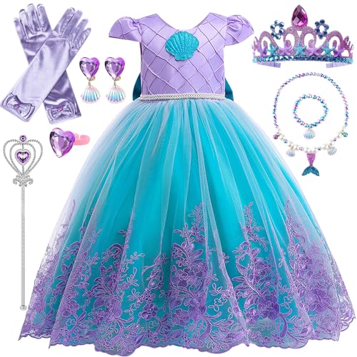 Prinzessin Kleid Mädchen, Meerjungfrau Kostüm Kinder Mädchen Kleid mit Kronen Halsketten Set, Prinzessin Kostüm Kleid für Weihnachten Halloween Karneval Cosplay Geburtstagsfeier 3 - 10 Jahre (120cm) von YYDSXK