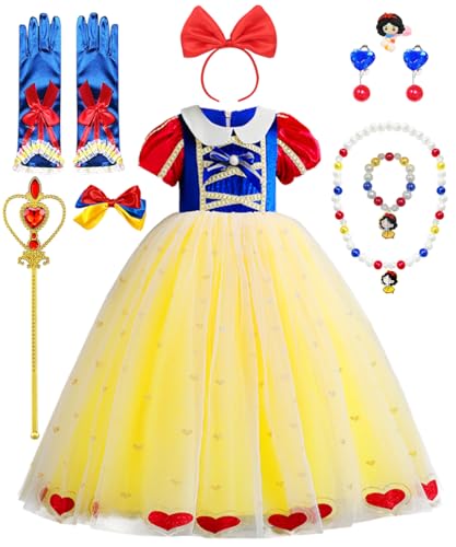 YYDSXK Prinzessin Kleid Mädchen, Schneewittchen Kostüm Kinder mit Krone Zauberstab Halsketten Ohrringe Set, Schneewittchen Kleid für Halloween Weihnachten Karneval Geburtstag Party Outfit von YYDSXK