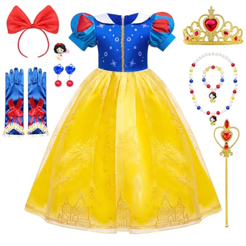 YYDSXK Prinzessin Kleid Mädchen, Schneewittchen Kostüm Kinder mit Krone Zauberstab Halsketten Ohrringe Set, Schneewittchen Kleid für Halloween Weihnachten Karneval Geburtstag Party Outfit von YYDSXK