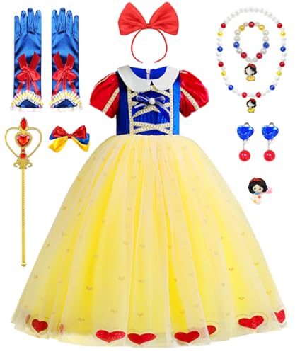 YYDSXK Prinzessin Kleid Mädchen, Schneewittchen Kostüm Kinder mit Krone Zauberstab Halsketten Ohrringe Set, Schneewittchen Kleid für Halloween Weihnachten Karneval Geburtstag Party Outfit von YYDSXK