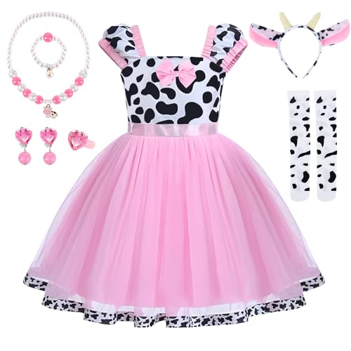 YYDSXK Prinzessin Kleid Mädchen,Kostüm für Kinder Mädchen,Rosa Kuh Kostümset für Kinder mit Gepunkteten Socken,Halskette,Armband,Stirnband,Tierkostüm Set für Mädchen, Karneval,Geburtstag,Cosplay von YYDSXK