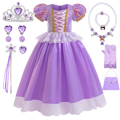 YYDSXK Rapunzel Prinzessin Kleid Mädchen, Sofia Rapunzel Kostüm Kinder mit Krone Halsketten Set, Faschingskostüme Kinder, Rapunzel Prinzessin Kostüm für Karneval Cosplay Geburtstagsfeier (130) von YYDSXK