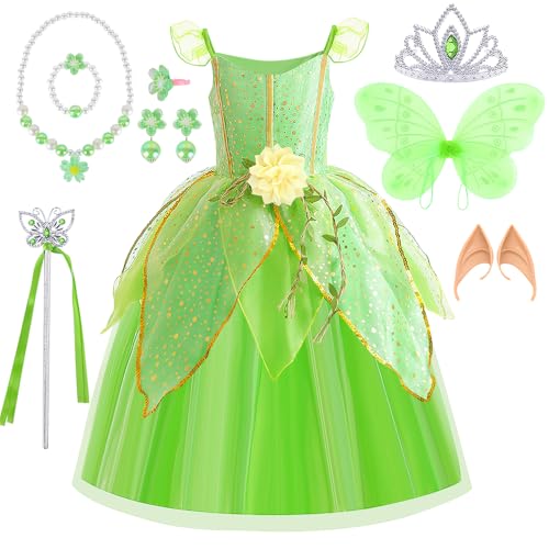 YYDSXK Tinkerbell Kostüm für Kinder, Feen Prinzessin Kleid für Mädchen, Prinzessin Kleid mit Flügeln und Krone, Kinder Feenkostüm Prinzessin Dress Up für Geburtstags Karneval Halloween (Grüne, 120) von YYDSXK