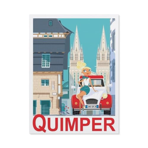 1000-Stück Puzzle Für Erwachsene Und Kinder-Holz Puzzle，Quimper Frankreich Mädchen Auto Vintage Reise Poster，Familie Interaktive Spiele Große Ferien Freizeit（75x50cm）-BQ64 von YYHMKBYY