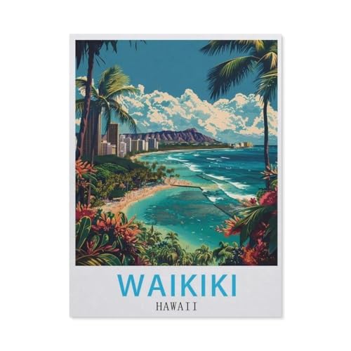 1000-Stück Puzzle Für Erwachsene Und Kinder-Holz Puzzle，Waikiki Hawaii Vintage-Reiseposter，Familie Interaktive Spiele Große Ferien Freizeit（75x50cm）-AP51 von YYHMKBYY