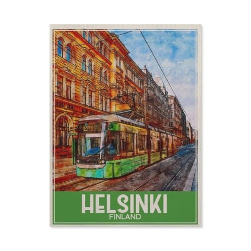 1000 Teile Puzzle Für Erwachsene Und Kinder，Helsinki Finnland Vintage Reiseposter Zug，Stressabbau Herausforderung Bodenpuzzle DIY Home Wanddekoration（38x26cm）-AT26 von YYHMKBYY