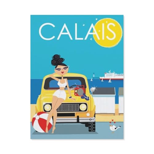 Calais Frankreich Auto Mädchen Vintage Reise Poster，Puzzle 1000 Teile für Erwachsene, Klassische Puzzle Teenager Jungen Mädchen Puzzle Puzzles Spiele Pädagogisches Geschenk Home Decor（38x26cm）-BP44 von YYHMKBYY