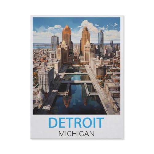 Erwachsene Kinder Puzzles 1000 Teile Puzzle，Vintage-Reiseposter, Motiv: Detroit Michigan，einfaches Puzzle Spiel Rolle Puzzle Bildung Spielzeug Spiel Familie Dekoration（75x50cm）-AI62 von YYHMKBYY