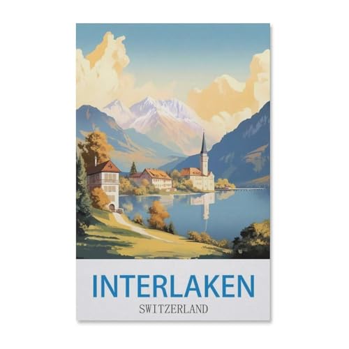 Erwachsene Puzzle 1000 Stück DIY Holz pielzeug，Interlaken Vintage Reiseplakat Schweiz，Creative Einzigartiges Geschenk Persönlichkeit Spiel Erwachsener Kind Puzzle Spielzeug（75x50cm）-H57 von YYHMKBYY