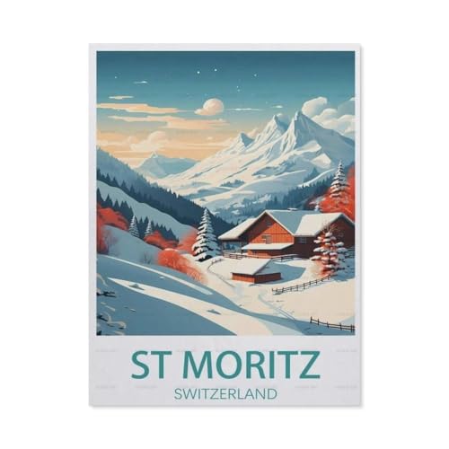 Erwachsene Puzzle 1000 Stück DIY Holz pielzeug，St. Moritz Schweiz Vintage-Reiseposter，Creative Einzigartiges Geschenk Persönlichkeit Spiel Erwachsener Kind Puzzle Spielzeug（75x50cm）-AM48 von YYHMKBYY