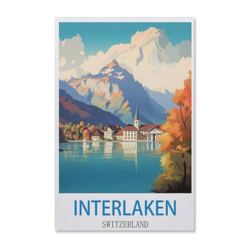 Interlaken Vintage Reiseplakat Schweiz，Puzzle 1000 Teile Erwachsene Kinde Spaß Lernspielzeug Geschenke（50x70cm）-F10 von YYHMKBYY