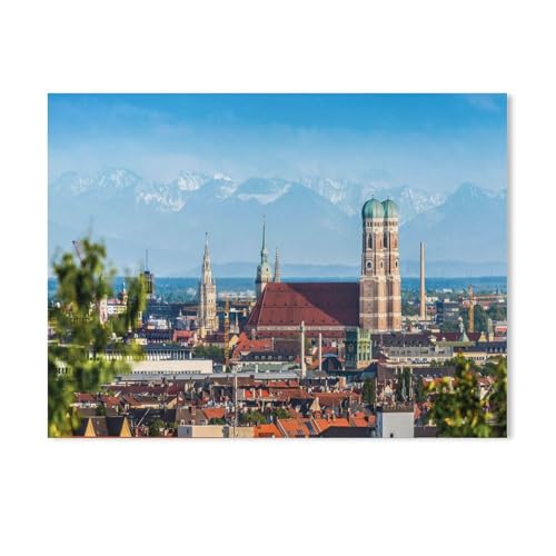 Jigsaw Puzzles 1000 Stück，Frauenkirche mit Alpen-Panorama am Horizont – der Blick über die Hauptstadt von Bayern，Für Holz Kinder Spiele Lernspielzeug（75x50cm-111 von YYHMKBYY