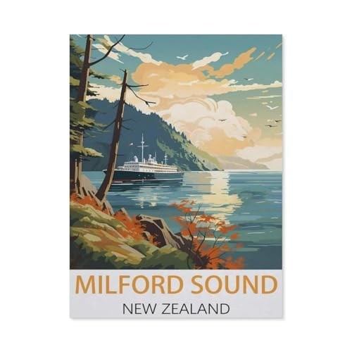 Milford Sound New Zealand Vintage-Reiseposter，1000 Stück Erwachsene Holz Landschaft Puzzles Für Kinder Lernspielzeug Geschenke（75x50cm）-AH84 von YYHMKBYY