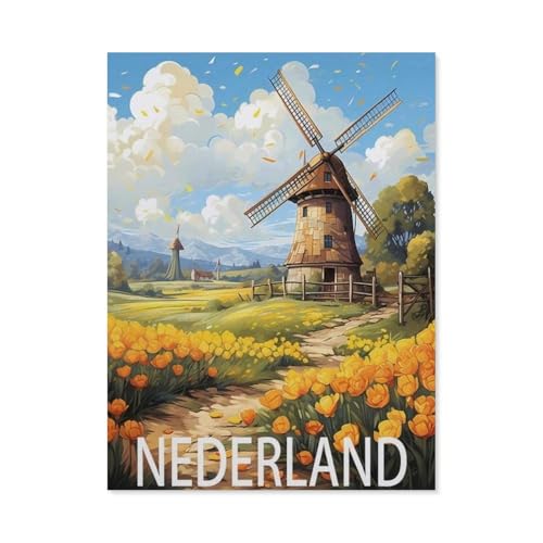 Nederland Windmühle Vintage-Reiseposter，Puzzle 1000 Teile Papier Puzzle Erwachsene Kinder Lernspielzeug Familie Dekompressionsspiel（38x26cm）-BC30 von YYHMKBYY