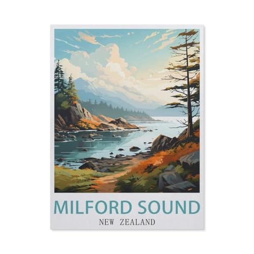 Puzzel Für Erwachsene Jigsaw Puzzle 1000，Milford Sound New Zealand Vintage-Reiseposter，DIY Holz Puzzle Einzigartiges Geschenk Wohnkultur Stil（75x50cm）-BB26 von YYHMKBYY