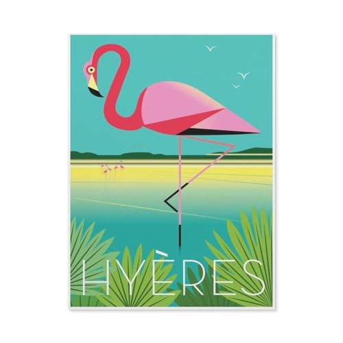 Puzzle 1000 Stück，Hyères Flamingo Vintage Reise Poster，Papier Adult Toys Dekompression Spiel（50x70cm）-BP71 von YYHMKBYY