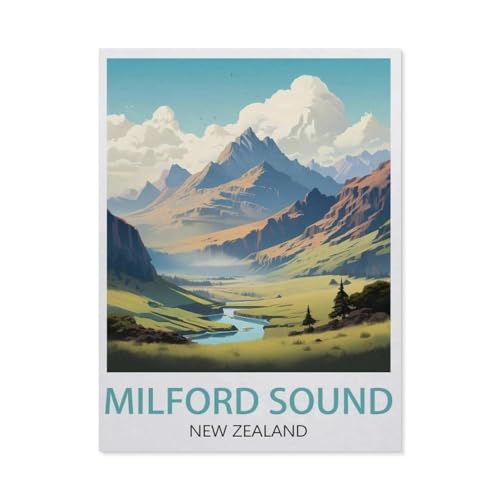 Puzzle 1000 Stück，Milford Sound New Zealand Vintage-Reiseposter，Holz Adult Toys Dekompression Spiel（75x50cm）-AK88 von YYHMKBYY