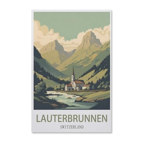 Puzzle 1000 Stück，Vintages Reiseplakat Lauterbrunnens Schweiz，Für Holz Erwachsene Spielzeug Dekompression Spiel（75x50cm）-H49 von YYHMKBYY