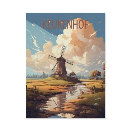 Puzzle 1000 Teile，Keukenhof Windmills Vintage-Reiseposter，Holz Adult Toys Dekompressionsspiel（75x50cm）-AV25 von YYHMKBYY