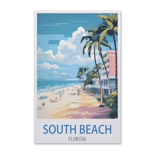 Puzzle 1000 Teile，Vintages Reiseplakat South Beach Florida，Papier Adult Toys Dekompressionsspiel（50x70cm）-G1 von YYHMKBYY