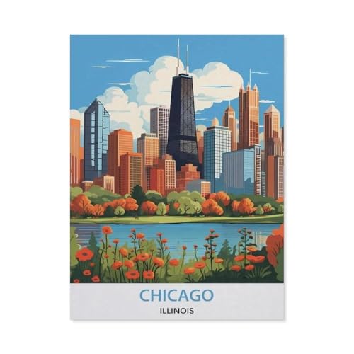 Puzzle 1000 Teile DIY Holz Puzzle，Chicago Illinois Vintage-Reise-Poster，Freizeit Creative Kreuzworträtsel Spiel Kind Puzzle Spielzeug Geburtstag Festival Einzigartiges Geschenk（75x50cm）-BH25 von YYHMKBYY