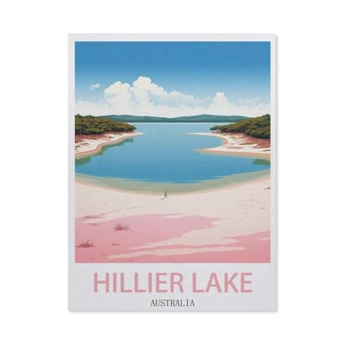 Puzzle 1000 Teile DIY Holz Puzzle，Hillier Lake Australia Vintage-Reiseposter，Freizeit Creative Kreuzworträtsel Spiel Kind Puzzle Spielzeug Geburtstag Festival Einzigartiges Geschenk（75x50cm）-AW27 von YYHMKBYY