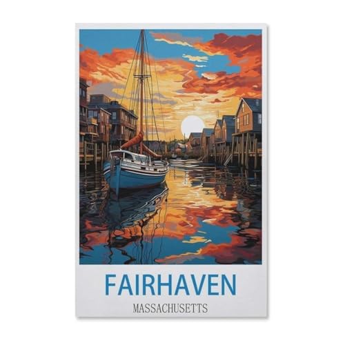 Puzzle 1000 Teile DIY Holz Puzzle，Vintages Reiseplakat Fairhaven Massachusetts，Freizeit Creative Kreuzworträtsel Spiel Kind Puzzle Spielzeug Geburtstag Festival Einzigartiges Geschenk（75x50cm）-E11 von YYHMKBYY