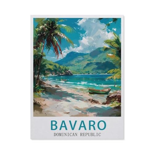 Puzzle 1000 Teile Landschaft Erwachsene Puzzle Holz Puzzle 3D Klassisches Puzzle，Bavaro Vintage-Reiseposter, Dominikanische Republik，DIY Moderne Kunst Hauptdekor（75x50cm）-AZ10 von YYHMKBYY