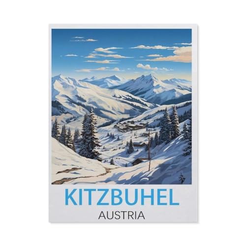 Puzzle 1000 Teile Landschaft Erwachsene Puzzle Papier Puzzle 3D Klassisches Puzzle，Kitzbuhel Österreich Vintage-Reiseposter，DIY Moderne Kunst Hauptdekor（50x70cm）-AH50 von YYHMKBYY