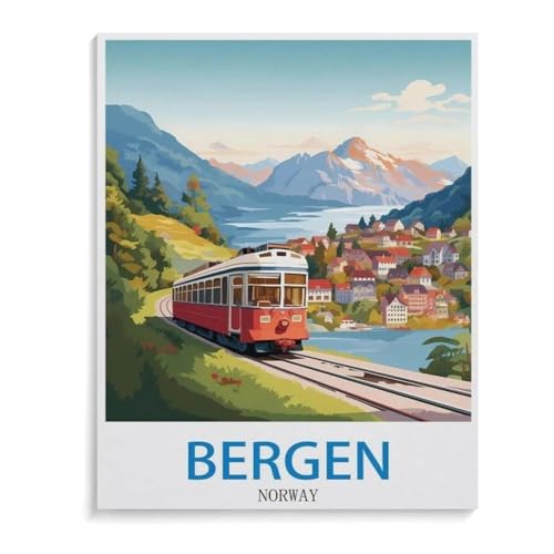 Puzzle 1000 Teile Landschaft Erwachsene Puzzle Papier Puzzle 3D Klassisches Puzzle，Vintages Reiseplakat Bergen Norwegen，DIY Moderne Kunst Hauptdekor（38x26cm）-L35 von YYHMKBYY