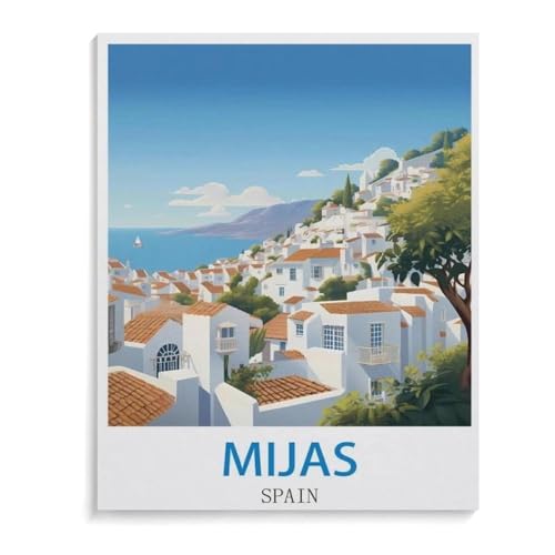 Puzzle 1000 Teile Landschaft Erwachsene Puzzle Papier Puzzle 3D Klassisches Puzzle，Vintages Reiseplakat Mijas Spanien，DIY Moderne Kunst Hauptdekor（50x70cm）-B83 von YYHMKBYY