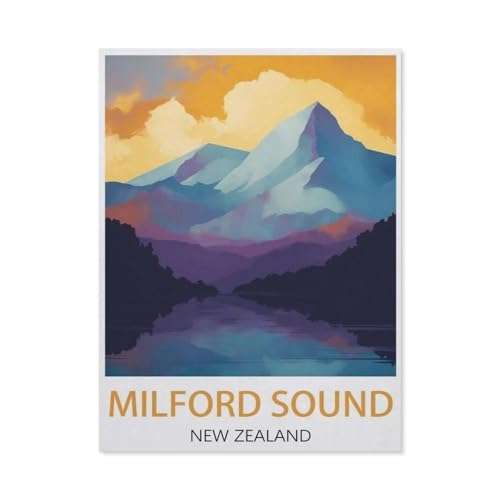 Puzzle 1000 Teile für Erwachsene，Milford Sound Neuseeland Vintage Reiseposter，Puzzle Teenager Jungen Mädchen Puzzle Schwieriges, Herausforderndes Puzzle für Partyspiele（38x26cm）-BH26 von YYHMKBYY