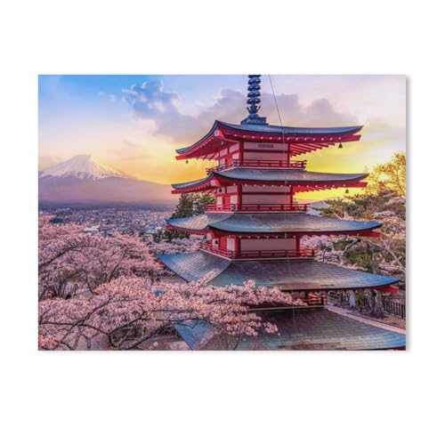 Puzzles 1000 Stück Holz Montage Bild，Chureito-Pagode bei Fujiyoshida mit Blick über Kirschblüten auf Mount Fuji, das Wahrzeichen von Japan，Erwachsene Spiele Lernspielzeug（75x50cm-92 von YYHMKBYY