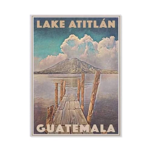 Puzzles 1000 Stück Holz Montage Bild，Guatemala Atitlan See Vintage Reiseposter，Erwachsene Spiele Lernspielzeug（75x50cm）-BJ81 von YYHMKBYY