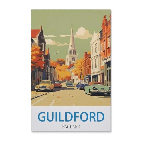 Puzzles 1000 Stück Holz Montage Bild，Guildford Vintage Reiseplakat England，Filmplakat Für Erwachsene Spiele Lernspielzeug（75x50cm）-H42 von YYHMKBYY