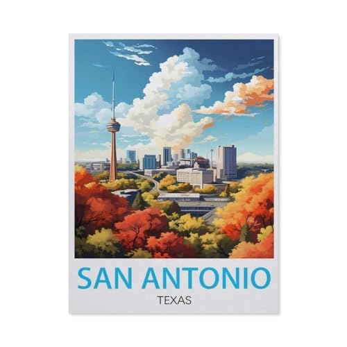 Puzzles 1000 Stück Holz Montage Bild，San Antonio Texas, Vintage-Reiseposter，Erwachsene Spiele Lernspielzeug（75x50cm）-AM31 von YYHMKBYY