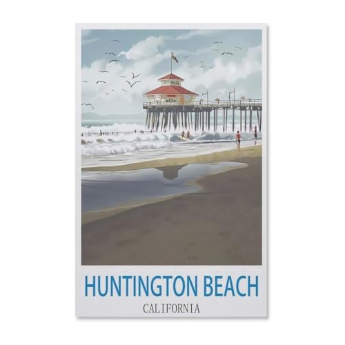 Puzzles 1000 Stück Holz Montage Bild，Vintages Reiseplakat von Huntington Beach, Kalifornien，Filmplakat Für Erwachsene Spiele Lernspielzeug（75x50cm）-F93 von YYHMKBYY