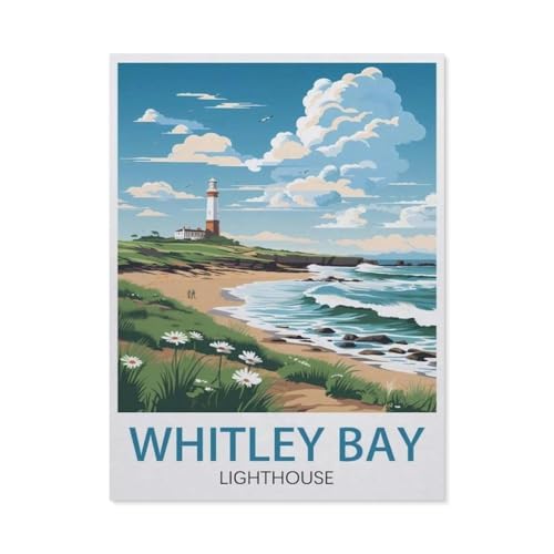 Puzzles 1000 Stück Holz Montage Bild，Whitley Bay Leuchtturm Vintage-Reiseposter，Erwachsene Spiele Lernspielzeug（75x50cm）-AL58 von YYHMKBYY