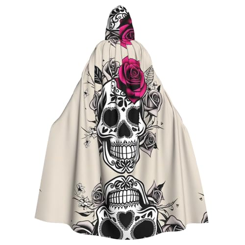 YYHWHJDE Sugar Horror Skull Flowers Rose Pattern Adult Hooded Cape Hooded Cloak Suitable for Halloween, Cosplay Costumes, Christmas parties von YYHWHJDE