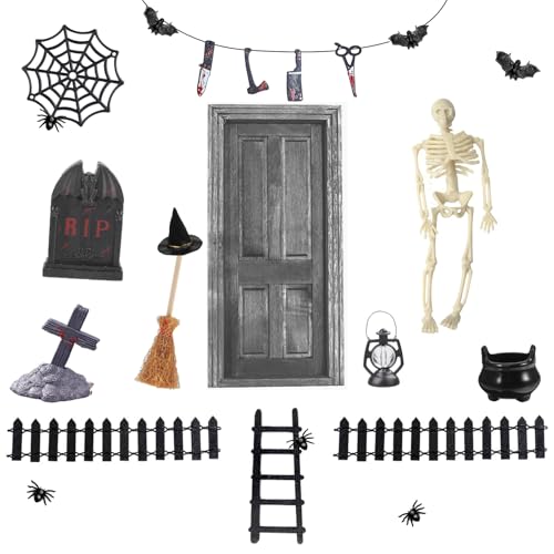 24 Stück Puppenhaus Halloween Dekoration, Miniatur Wichteltür Zubehör, Halloween Accessoires, Skelette Spinnen Fledermäuse Elfentor Grabstein Geist Halloween Party Dekoration von YYSWSAKY