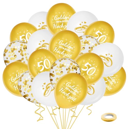 35 Stück Goldene Hochzeit Luftballons, 50. Goldene Hochzeit Deko, Weiß Goldene Jubiläum Latexballons mit Zahl 50, Konfetti Luftballons für Goldene Hochzeit Deko von YYSWSAKY