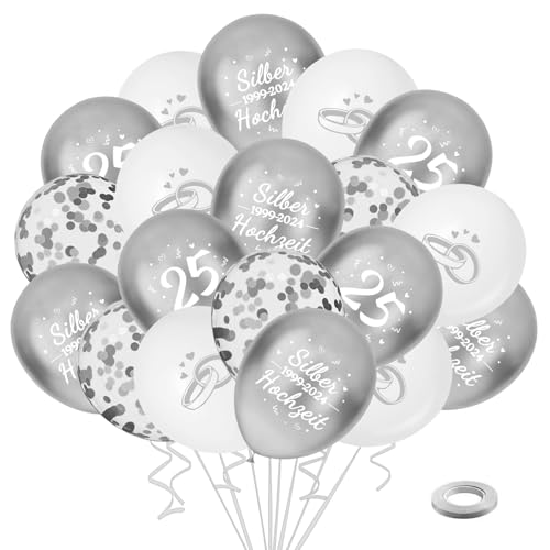 35 Stück Silberhochzeit Luftballons, 25. Silber Hochzeit Deko, Weiß Silber Jubiläum Latexballons mit Zahl 25, Konfetti Luftballons für Silber Hochzeit Deko von YYSWSAKY