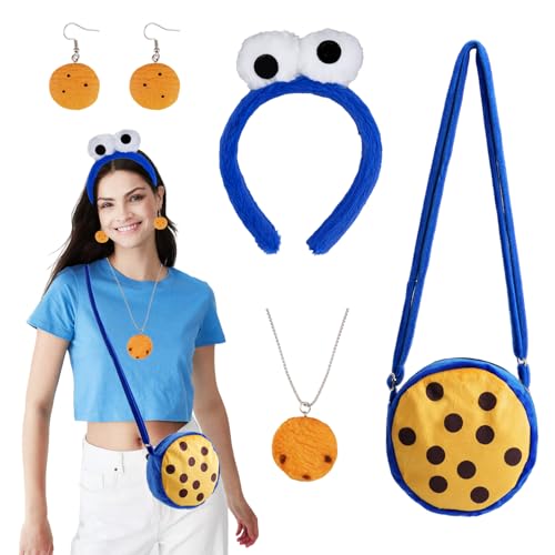 YYSWSAKY 4 Stück Monster Accessoires Set, 1 Blau Haarreif, 1 Paar Chocolate Chips Ohrringe, 1 Keks Halskette, 1 Kekse Umhängetasche, Cookie Kostüm Damen für Karneval Fasching Halloween Cosplay von YYSWSAKY