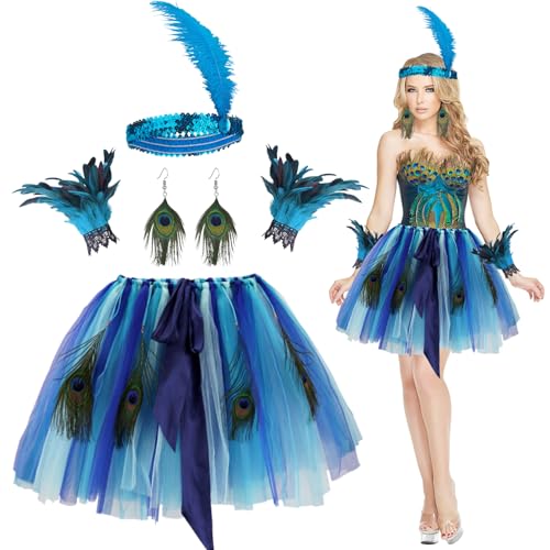 YYSWSAKY 4-teiliges Pfau Kostüm Damen - Blau Tüllrock mit 10 Pfauenfedern, 1 Paar Lange Pfauenohrringe, 1 Paar Feder Armbänder, Blau Pfau Haarband, Kostüm Set für Karneval Cosplay von YYSWSAKY