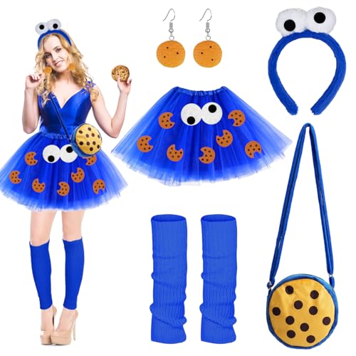 YYSWSAKY Monster Kostüm Damen Kinder, Cookie Haarreif Kekse Ohrringe Tüllrock Stulpen Blau Monster Tasche Monster Kostüm Erwachsene Karneval Accessoires Halloween Cosplay von YYSWSAKY