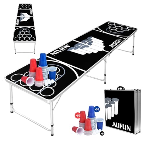 YZNAHRE Beer Pong Tisch Set,Premium Höhenverstellbar Bierpong-Tisch inkl. 100 Becher (50 Rot & 50 Blau) mit 5 Bälle + Regelwerk Partyspiele, Schwarz von YZNAHRE