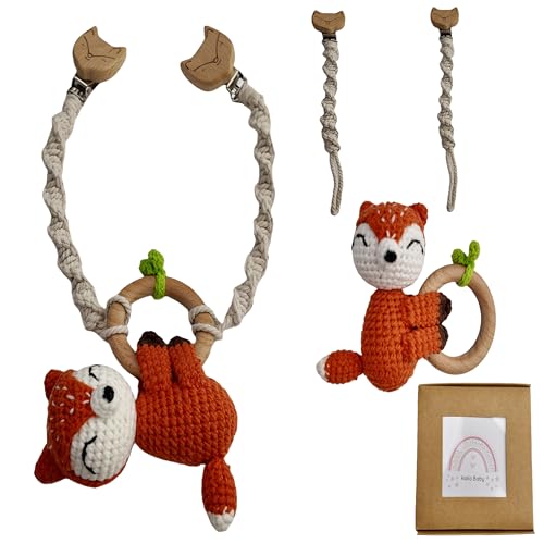 YaYiBo 3 in 1 kinderwagenkette,rassel Baby woodden,2 pcs schnullerkette,Baby Spielzeug 6 Monate(Deep Orange) von YaYiBo