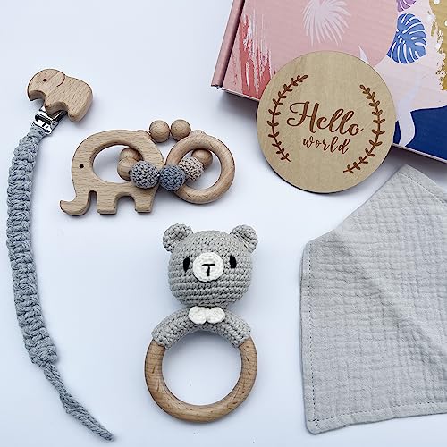 YaYiBo Personalisierte Geschenke Baby: rassel Baby,beißring Baby... Neugeborenen Geschenk 5pcs/Set, Geschenk zur Geburt,Baby Geschenk mädchen/Junge (Grey) von YaYiBo